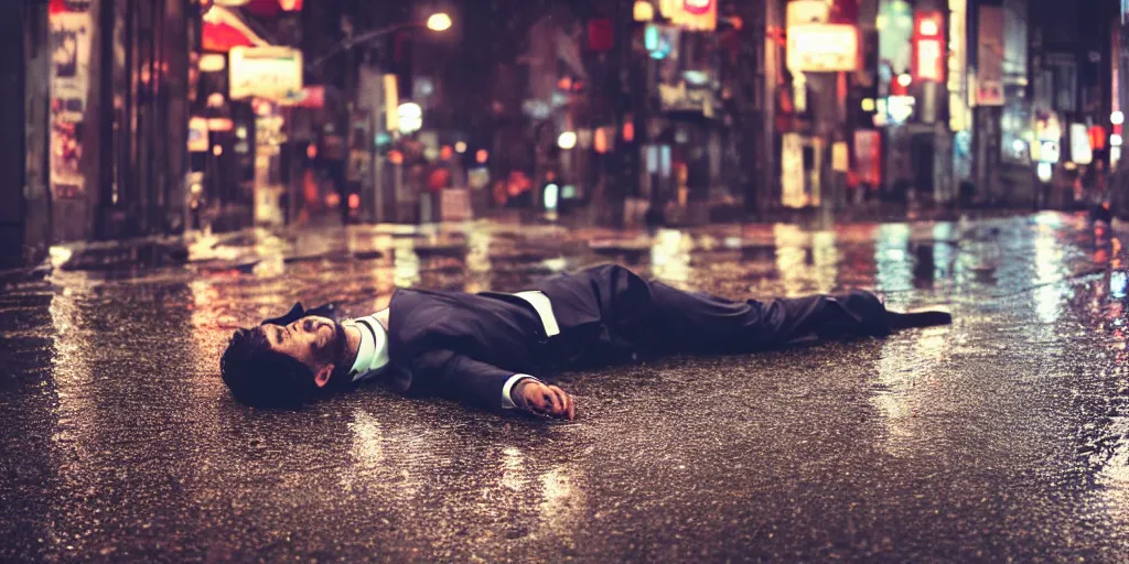 Prompt: a man in a suit !!laying !!flat in the street while it rains, night, tokyo street, raining , wet, artstation, cgsociety, depth of field, bokeh, neon lights