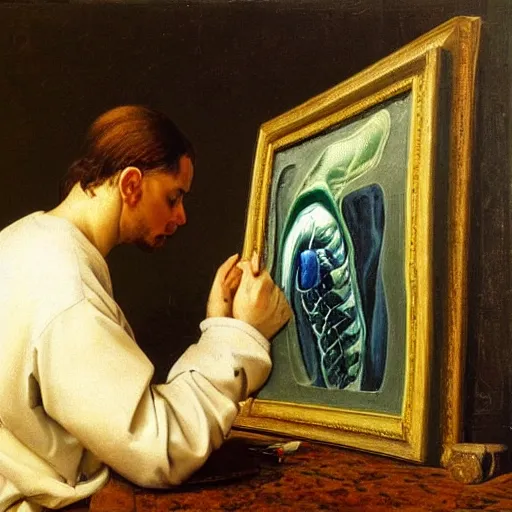 Prompt: masterpiece painting of a 3d artist sad, crouched and desperate looking at the a computer screen displaying anatomical model of a lung, oil on canvas, renaissance