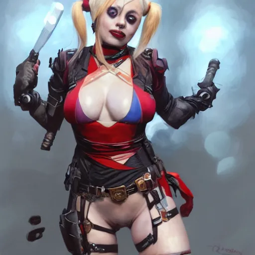 Image similar to portrait of cute Harley Quinn in bikini armor, dc comics, cyberpunk, Warhammer 40000, dark fantasy, digital art from artstation by Ruan Jia and Mandy Jurgens and Artgerm and william-adolphe bouguereau