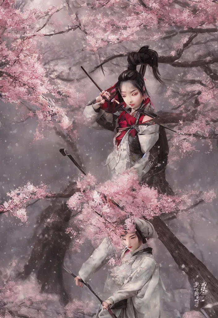 Image similar to detailed matte painting of girl samurai in hakama with swords and rifles, in snow forest sakura cherry blossom, taisho roman, by wlop and krenz kushart, elite, elegant, luxury, perfect face, fine details