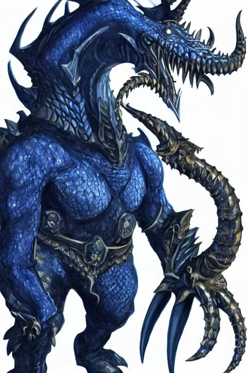 Prompt: a D&D character of a dark blue dragonborn with large tusks, blue flame burning half his face, he wears a black dragon scales armor, D&D concept art