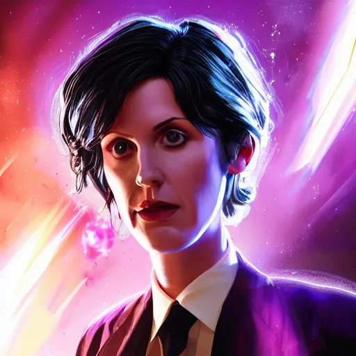 Prompt: the 13th doctor regenerating, purple light, black hair, fun pose, comic book, illustration, slender symmetrical face and body, artstation, cinematic lighting, hyperdetailed, cgsociety, 8k, high resolution, Charlie Bowater, Tom Bagshaw, single face, insanely detailed and intricate, beautiful, vfx, postprocessing