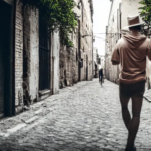 Image similar to photo extreme long shot of invisible manwearing clothes and hat in a back street, cinematic, depth of field, bokeh, atmospheric, 8k, trending on artstation