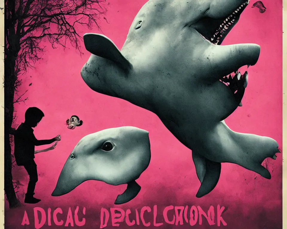 Prompt: a horror movie poster featuring a demonic pink whale eating a child