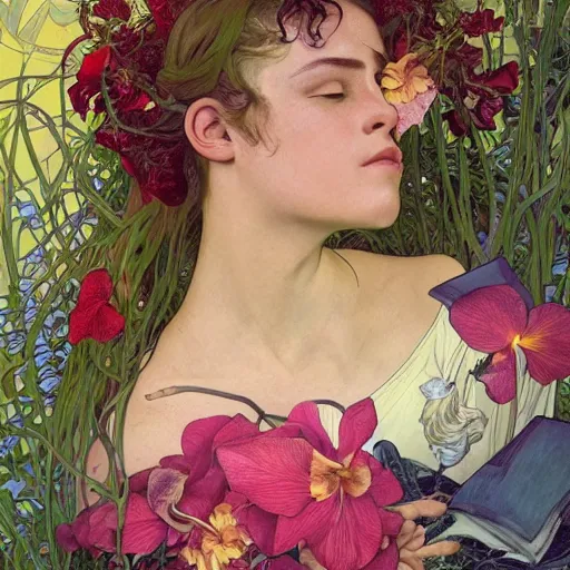 Image similar to a beautiful fine art portrait photo of a resting cyborg, wavy hair spread out, surrounded by hibiscus, daffodils, moth orchids, montsera leaves by alphonse mucha and zach sutton, soft lighting, very detailed, deep depth of field, artstation, 4K