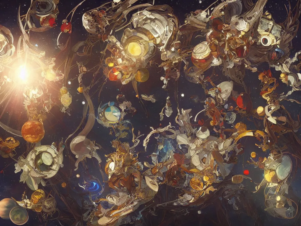 Image similar to A beautiful painting of a five big planets, shining its light, There are five planets that are black, white, yellow, red, and blue, Trending on artstation, concept art, highly detailed, art by Sam Youn and Fernanda Suarez and Artem Demura and alphonse mucha