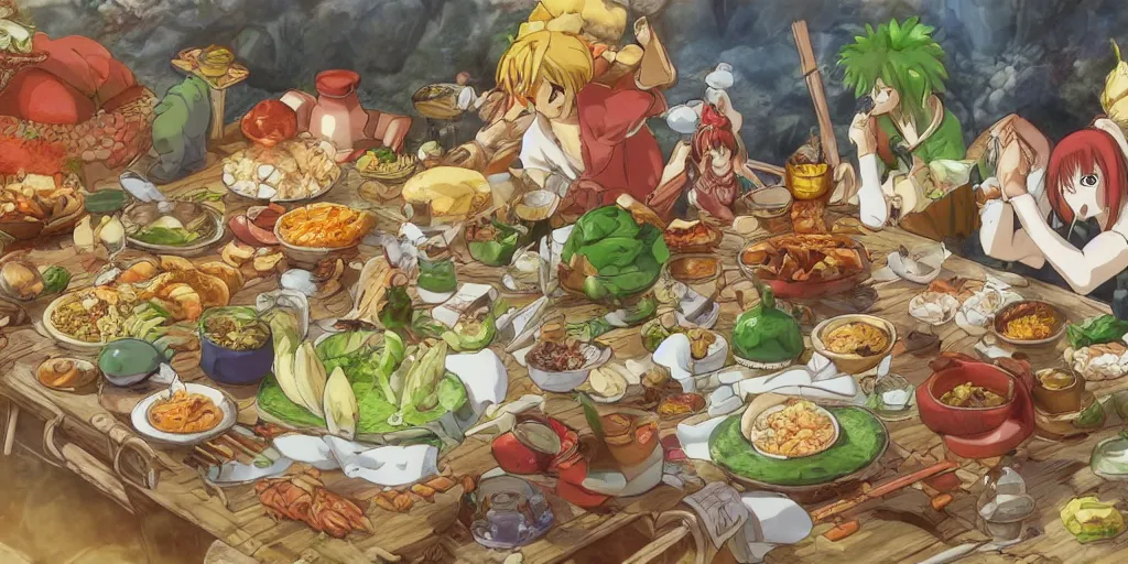 Image similar to A feast for the Dragonwarrior 9 group, very detailed, anime, Delicious, Plump, Juicy, Hot Food, large white border, hd, 8k, Unreal Engine 5, high resolution print :1 by Hayao Miyazaki, Nausicaa, studio Ghibli style, Anime wallpaper, cell shading, trending on deviant art :1