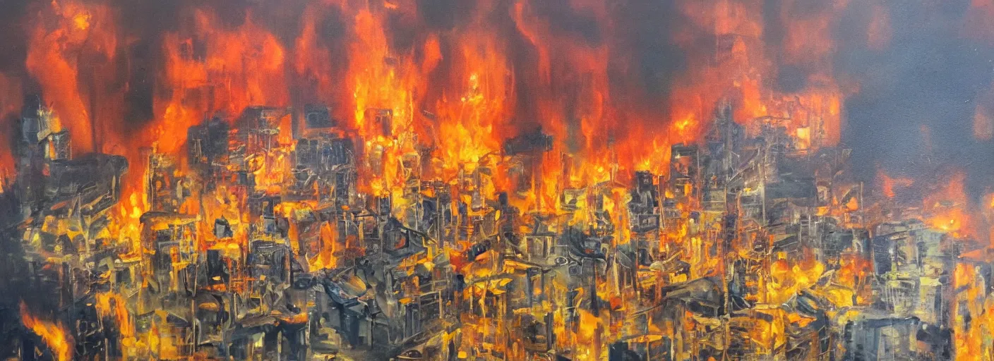 Image similar to a city on fire, oil on canvas