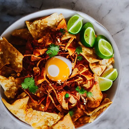 Prompt: Korean chilaquiles, food photography