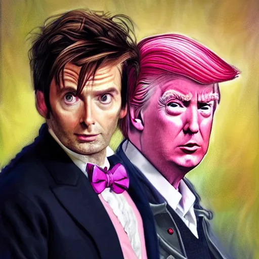 Image similar to david tennant as tenth doctor who and donald trump in pink clothes in tardis, highly detailed, artstation, concept art, fantasy, smooth, sharp focus, illustration, perfect face, art by nikolay makovsky, jacek malczewski, arthur hughes, edward okun, franz xaver winterhalter