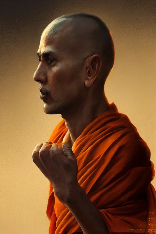 Image similar to hindu monk, close - up portrait, devoted, intricate, elegant, volumetric lighting, scenery, digital painting, highly detailed, artstation, sharp focus, illustration, concept art, ruan jia, steve mccurry