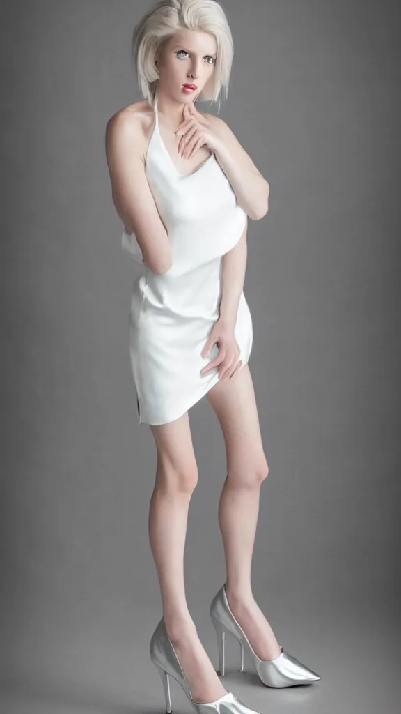 Prompt: extremely beautiful studio photo of emily skinner, looking like annie leonhart, very beautiful slim legs, wearing silver metallic rhinestone open toe heels and white short dress, in a white room, pale skin, bokeh, very very very very beautiful!!, hard focus, sexy dominant pose, full body shot, 9 0 mm, f / 1. 2 5