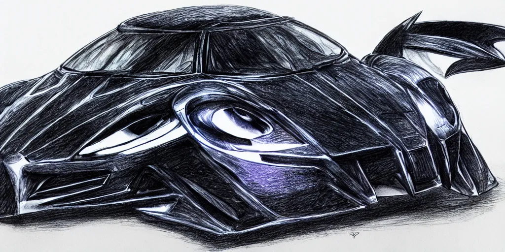 Image similar to ballpoint pen drawing of the batmobile, batman, arkham knight