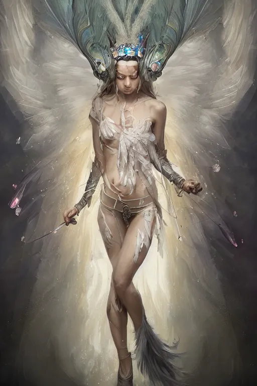 Prompt: beautiful model wearing crystal white feathers, diamonds, angel, fantasy, dramatic lighting, highly detailed, digital painting, holding electricity, magic the gathering, hyper detailed, 3 d render, hyper realistic detailed portrait, peter mohrbacher, wlop, ruan jia