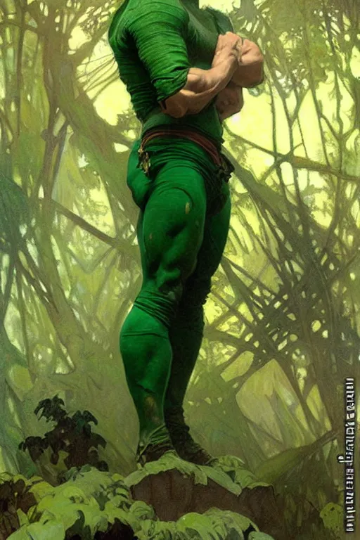 Prompt: man wearing green clothes, muscular, fantasy, painting by greg rutkowski and alphonse mucha