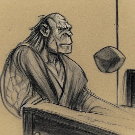 Prompt: courtroom sketch of an orc on trial