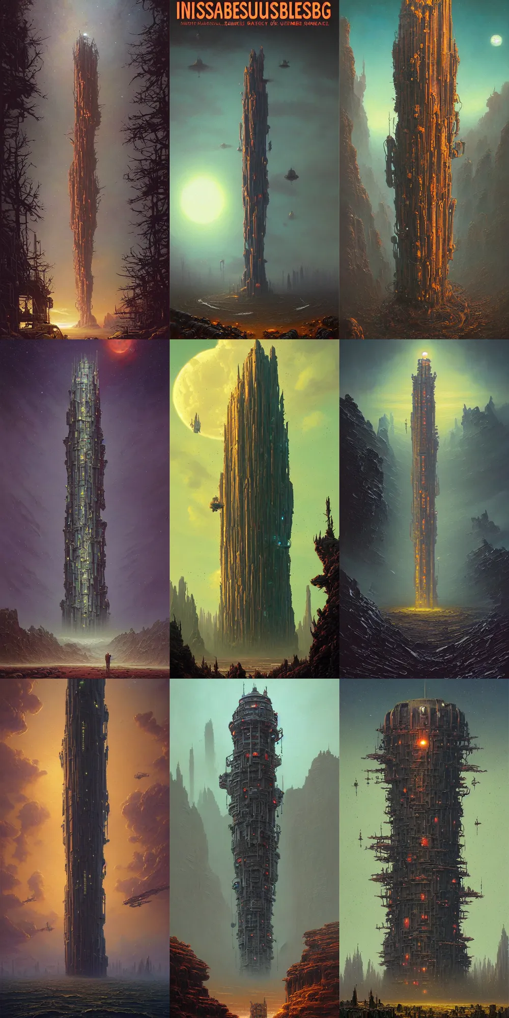 Prompt: beautiful oil painting, beautiful oil painting, beautiful oil painting, amazing unique highly detailed dark sci-fi retro cover art of the Impossible Tower by James Gurney and Greg Rutkowski and Simon Stalenhag, amazing unique highly detailed dark sci-fi retro cover art of the Impossible Tower by James Gurney and Greg Rutkowski and Simon Stalenhag, composition and color palette by Simon Stalenhag, composition and color palette by Simon Stalenhag, composition and color palette by Simon Stalenhag, composition and color palette by Simon Stalenhag, sci-fi inspiration from Jim Burns and Bruce Pennington, sci-fi inspiration from Jim Burns and Bruce Pennington, behold the great universe machine, atmospheric lighting, epic scale, dynamic angle, cinematic composition, sense of awe, sense of awe, wonder, anthropomorphic machine, anthropomorphic machine, luminous black hole portal, luminous black hole portal, intricate details, sense of perspective, artificial intelligence gods, artificial intelligence gods, destination at the end of a journey, fantasy elements, surrealism, award winning, genius, atmospheric, monumental, iconic, trending on art station