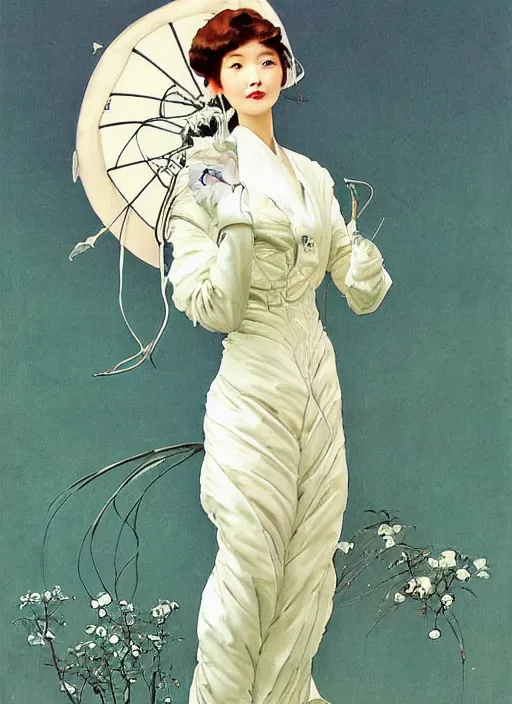 Image similar to a copic maker art nouveau portrait of a real japanese model girl detailed features wearing a puffy futuristic weeding puffy and latex suit dress designed by balenciaga by john berkey, norman rockwell akihiko yoshida