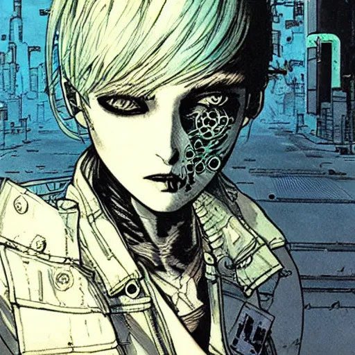 Image similar to android, killer - girl, high detail of the face, 1 / 8 katsuya terada, style of cyberpunk, night, city,