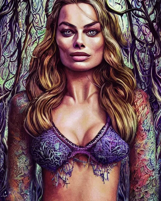 Prompt: margot robbie portrait with a tattooed body posing in a magical crochet bikini in a magical forest, beautiful eyes, realistic face, full body, fantasy art, in the style of JAMES MCCARTHY, illustration, epic, fantasy, intricate, hyper detailed, artstation, concept art, smooth, sharp focus, ray tracing, vibrant