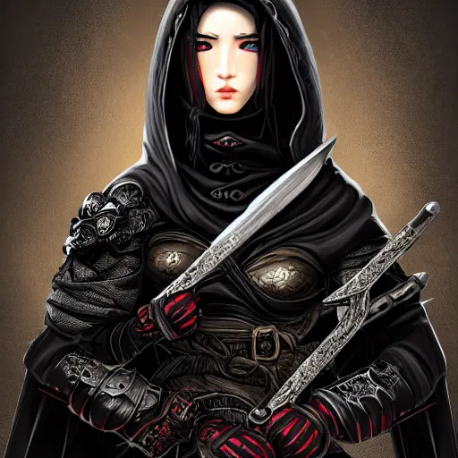 Prompt: character portrait of female hooded ninja thief beetle - rider, battle hardened imposing noble bearing, partially cloaked and hooded in thick black fabrics - exquisitely detailed weaponry and ornate staff, battle armor, dark forest fantasy atmosphere. dramatic lighting, digital painting, intricate, beautiful, rich deep colors masterpiece, sharp focus, ultra detailed