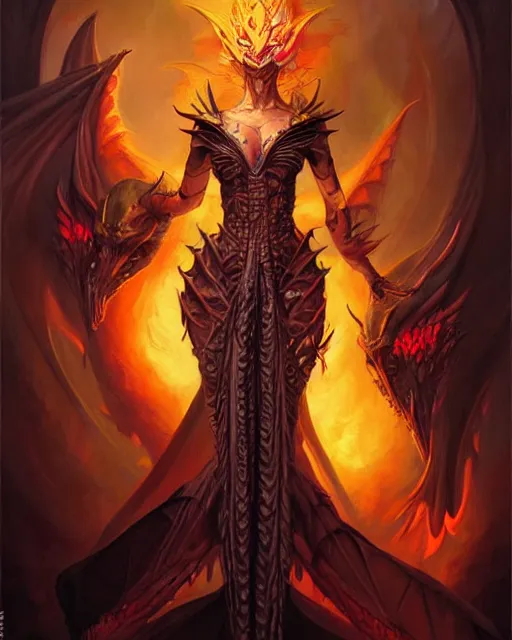 Prompt: dragon priestess in a twisting gown of flaming scales and obsidian, dark fantasy art, artgerm, jesper ejsing, peter mohrbacher