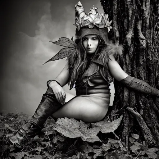 Image similar to deep gnome druid with leather clothing and leaves and sticks in her hair, photo by annie leibovitz b&w