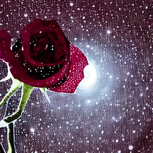 Prompt: close up of a burgundy rose with droplets of water reflecting the moon. hyper-realistic. intricate detail. cinematic and volumetric light.