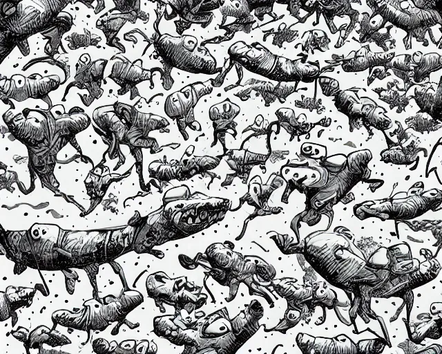 Image similar to A swarm of flying alien hippos animated by Pendleton Ward, extremely high detail, manga, ink