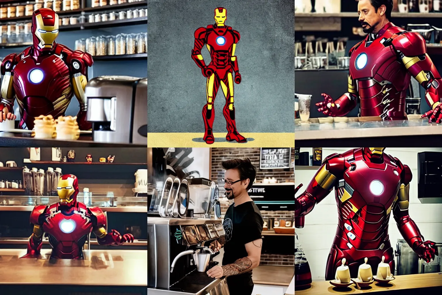 Prompt: Iron Man working as a Barista