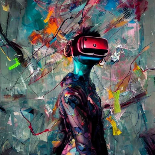 Prompt: grinning woman in a vr headset, dynamic energic pose, cyberpunk in the style of adrian ghenie, esao andrews, jenny saville, surrealism, dark art by james jean, takato yamamoto