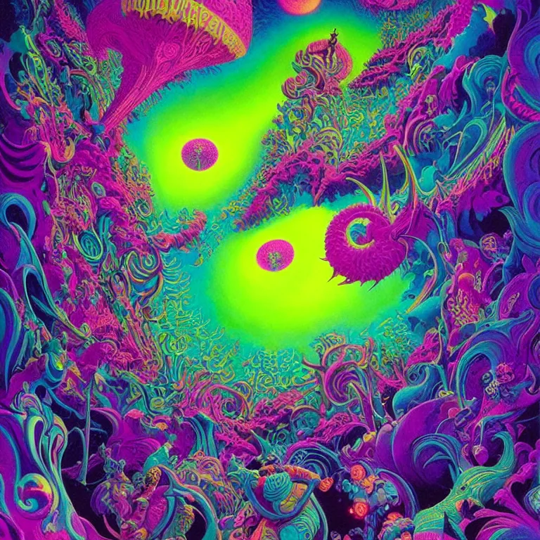 Prompt: cosmic dancers, infinite fractal dimensions, bright neon colors, highly detailed, cinematic, eyvind earle, tim white, philippe druillet, roger dean, lisa frank, aubrey beardsley