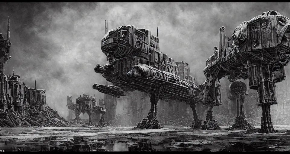 Image similar to a beautiful hyperrealistic ultradetailed matte painting of a dieselpunk AT-AT mech, by James Stokoe and harry clarke and Zdzisław Beksiński and Jakub Rozalski and HR Giger:3.00, skulls and gas masks, dark, realistic, black smoke, oil, machine parts, dystopian, insane details, intricate, mecha, embers, trending on artstation, micro details, HD wallpaper, 8k