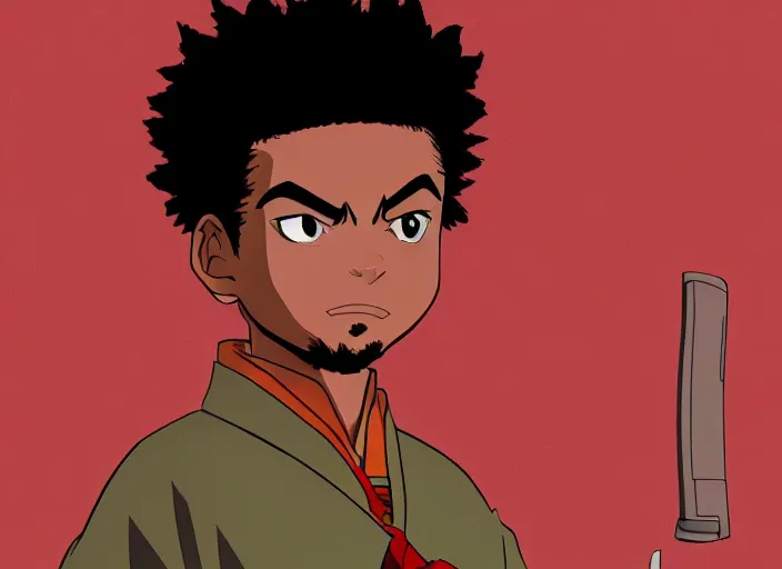 Image similar to huey freeman from boondocks in a samurai outfit in 8 0 s futurism style, anime, detailed, 4 k - h 1 0 2 4