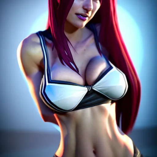 Image similar to Katarina from League of Legends, photorealistic studio portrait, studio lighting, unreal engine 5, hyperrealistic, dynamic lighting, white ambient background, realistic, highly detailed