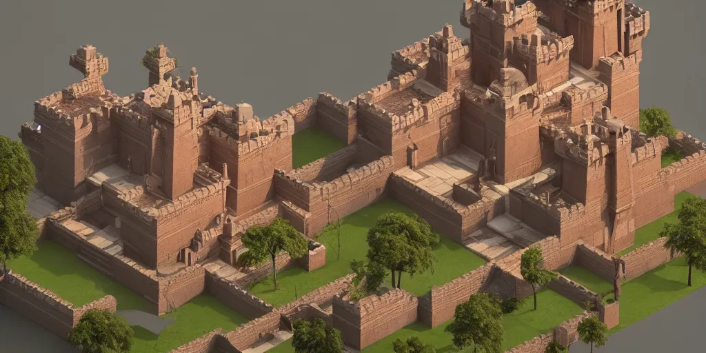 Image similar to isometric 3 d rendering of an indian castle, art deco, octane render, trending on artstation, cgsociety