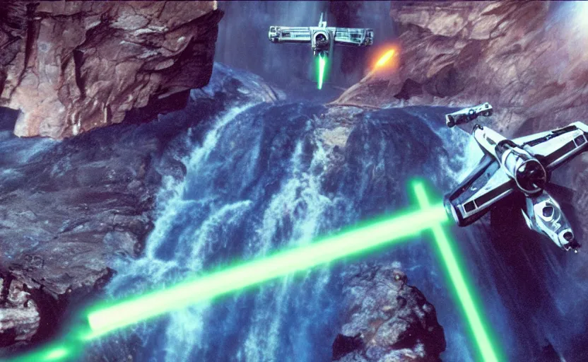 Image similar to iconic cinematic screen shot of scene x wing dogfighting tie fighters over waterfall canyon planet, from the action packed scene from the 1 9 7 0 s star wars sci fi film by stanley kubrick, glowing lasers, kodak film stock, anamorphic lenses 2 4 mm, lens flare, iconic cinematography, award winning