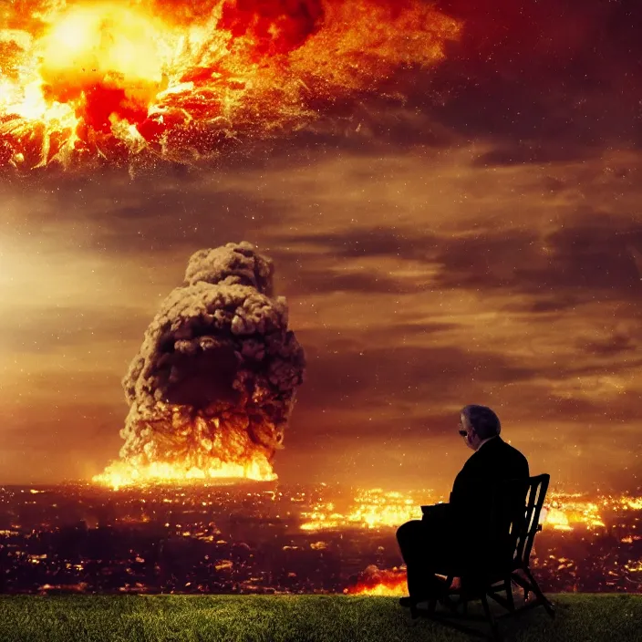 Image similar to cinematic movie, background blur bokeh, old man sitting in chair with black cat watching nuke explosion, world ending nuke, 4 k