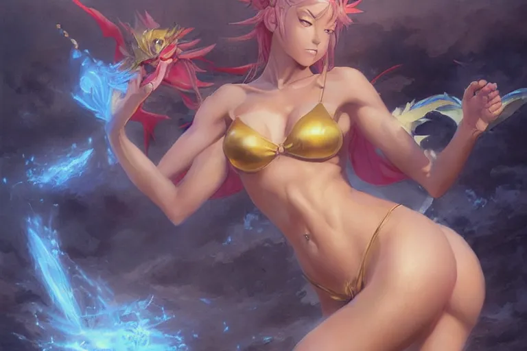Image similar to A beautiful oil painting of a pretty anime girl in bikini scared of a dragon, by Lucas Graciano, Frank Frazetta, Greg Rutkowski, Boris Vallejo, epic, fantasy, character art, high fantasy