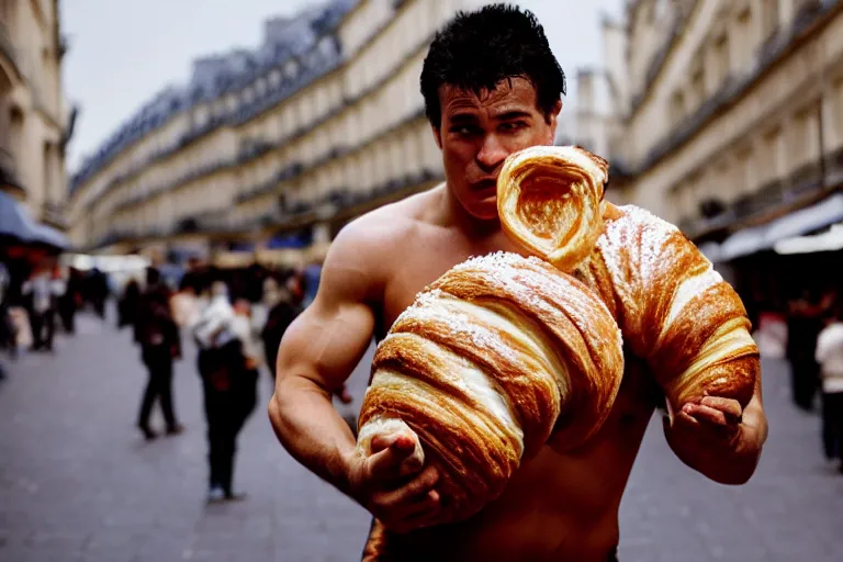 Image similar to closeup potrait of a wrestler wrestling a giant croissant in a paris street, natural light, sharp, detailed face, magazine, press, photo, Steve McCurry, David Lazar, Canon, Nikon, focus