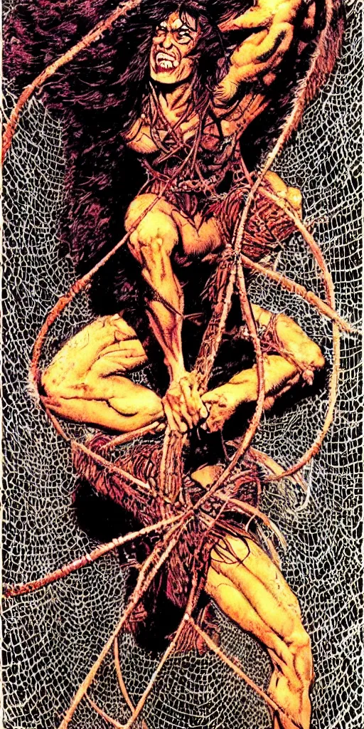 Prompt: “ conan the barbarian leaping to attack a giant black spider, red eyes ” “ a beautiful woman is tied up in spider webs ” val semeiks, barry windsor smith, john buscema, ernie chan, earl norem.