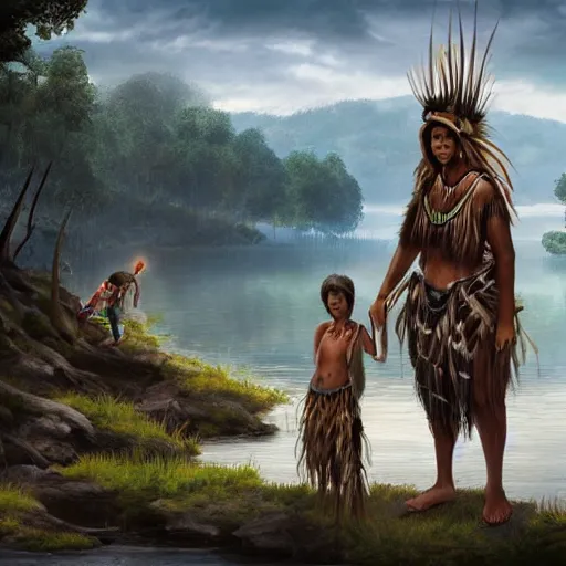 Image similar to a unique native tribal family standing on the banks of a river fantasy concept art detailed high resolution