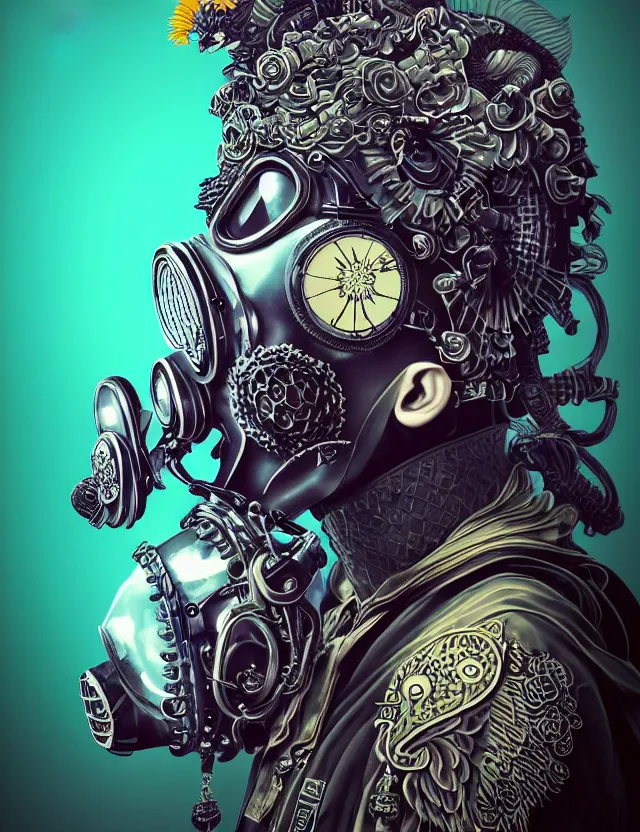 Image similar to 3 d goddess close - up profile punk portrait with vintage gas mask ram skull. beautiful intricately detailed japanese crow kitsune mask and clasical japanese kimono. betta fish, jellyfish phoenix, bio luminescent, plasma, ice, water, wind, creature, artwork by tooth wu and wlop and beeple and greg rutkowski