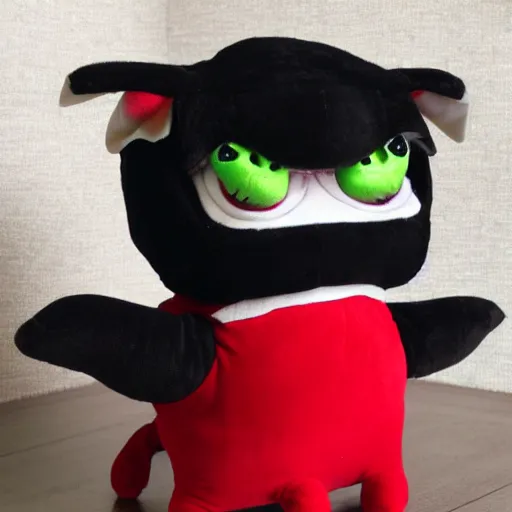 Prompt: a cute fumo plush dwagon imp in a traditional patterned black and red uniform, gothic, vray