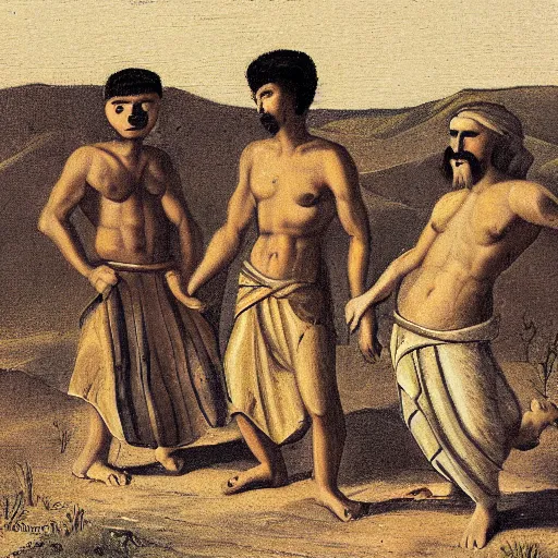 Prompt: Three men carrying a chest in the desert by finlay virgil