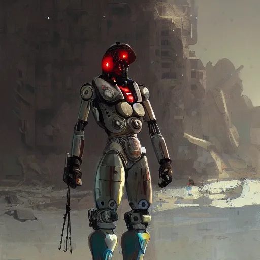 Prompt: a cyborg fighter, from Egypt, resting after a hard fight, happily tired, sci fi character portrait by simon stalenhag, craig mullins