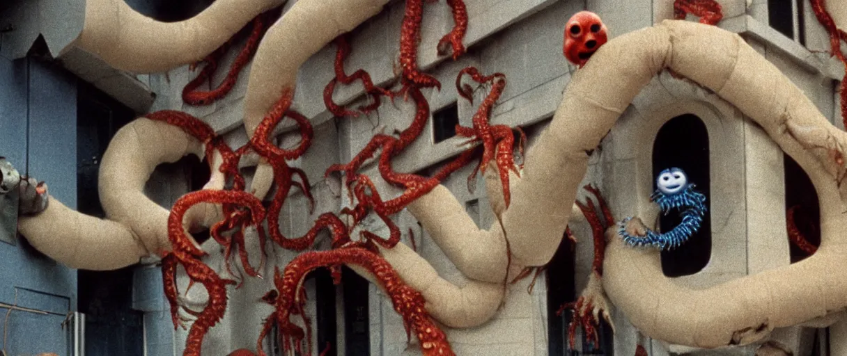 Image similar to filmic extreme close up exterior shot movie still 4 k uhd 3 5 mm film color photograph of a family jumping off a building laughing with tentacle arms happy, only color results, in the style of the horror film the thing 1 9 8 2