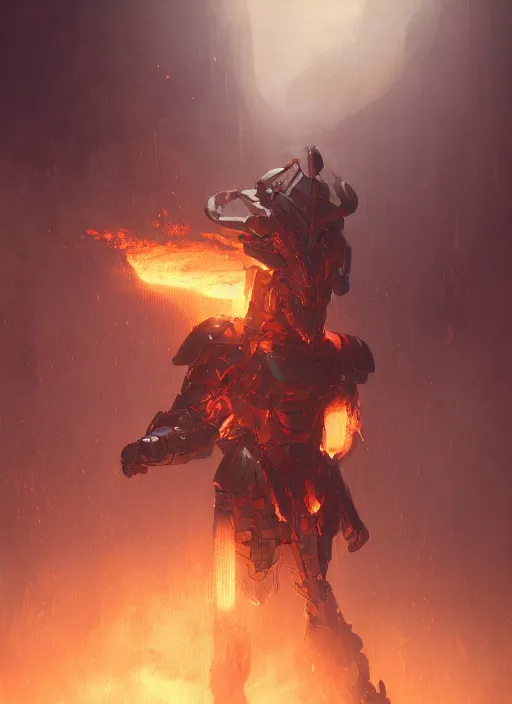 Image similar to a photorealistic dramatic hyperrealistic render of an armored fire golem by wlop, greg rutkowski, alphonse mucha, beautiful dynamic dramatic dark moody lighting, shadows, cinematic atmosphere, artstation, concept design art, octane render, 8 k