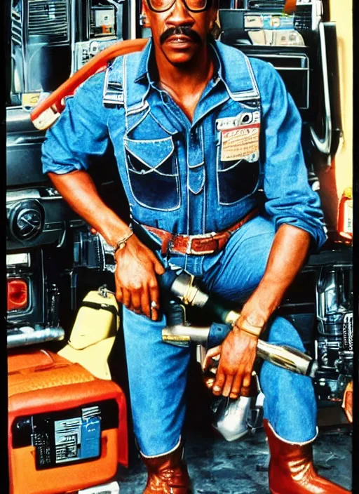 Image similar to an 8 0's john alvin action movie poster starring eddie murphy face as a plumber to rich people. bathroom. overalls. tool belt. the movie is called beverly hills crap