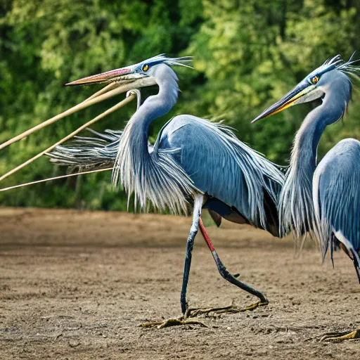 Prompt: two great blue herons jousting at a medieval tournament